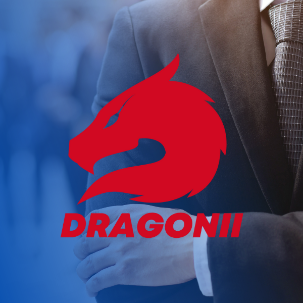 Dragonii logo with red dragon head on suited figure.