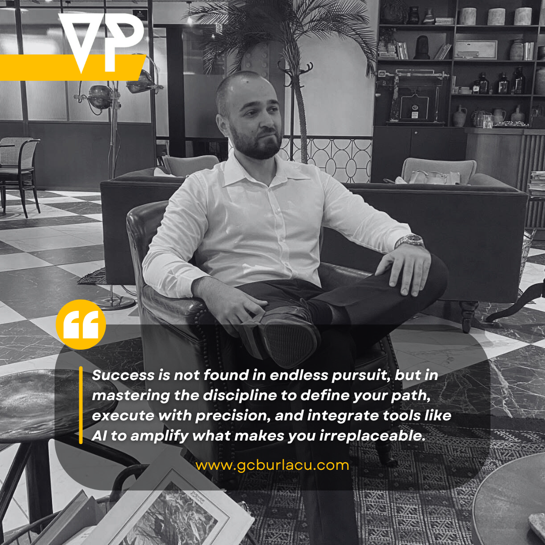 Black and white Instagram post with George-Cosmin Burlacu quote on success and VP logo.